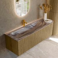 Badmeubel Mondiaz Kurve-Dlux | 145 cm | Meubelkleur Dusk | Wastafelkleur Sombra | Solid surface | Wasbak linker zijde spoelbak | 1 kraangat Badmeubel Mondiaz Kurve-Dlux | 145 cm | Meubelkleur Dusk | Wastafelkleur Sombra | Solid surface | Wasbak linker zijde spoelbak | 1 kraangat