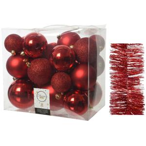 Kerstversiering kunststof kerstballen 6-8-10 cm met glitter folieslingers pakket rood van 28x stuks - Kerstbal