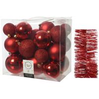 Kerstversiering kunststof kerstballen 6-8-10 cm met glitter folieslingers pakket rood van 28x stuks - Kerstbal - thumbnail