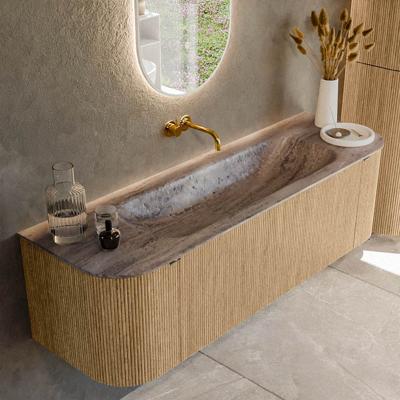 Badmeubel Mondiaz Kurve-Dlux | 150 cm | Meubelkleur Oak | Wastafelkleur Oza | Solid surface | Wasbak midden spoelbak | Zonder kraangat(en)