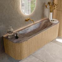 Badmeubel Mondiaz Kurve-Dlux | 150 cm | Meubelkleur Oak | Wastafelkleur Oza | Solid surface | Wasbak midden spoelbak | Zonder kraangat(en)