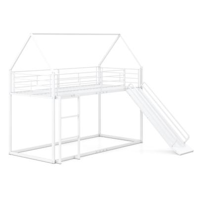 Huis-etagenbed met Glijbaan Laag Etagenbedframe met Veiligheidsreling & Ladder Hoogslaper 200 x 90 cm Wit