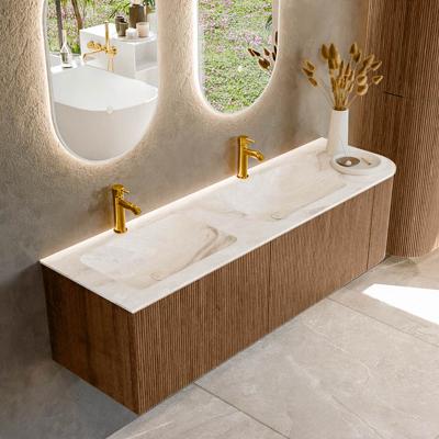 Mondiaz KURVE-DLUX 155 cm Onderkast Greeploos 2 Lades Met Deuren Walnut, Wastafel Solid Surface Links Frappe 2 Kraangaten Zonder Spiegel (KRVLEA155R2L1D2KD-Wal/Fra)