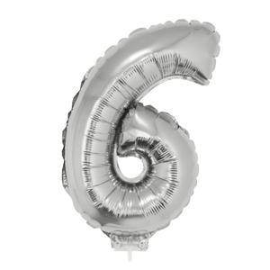 Opblaas cijfer ballon 6 - zilver - op stokje - 41 cm - 6e verjaardag versiering