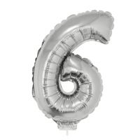 Opblaas cijfer ballon 6 - zilver - op stokje - 41 cm - 6e verjaardag versiering