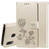 Rose reliëf horizontale Flip PU lederen case voor Galaxy A30/A20 met houder & kaartsleuven & portemonnee (goud)