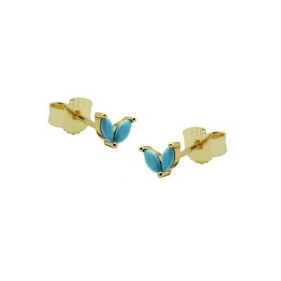 Karma Oorbellen Zirconia Double Turquoise Leaves Goud