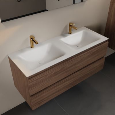 Mondiaz Aivy 120 cm badmeubelset mocha - met wastafel talc 2 kraangaten dubbel met spiegel