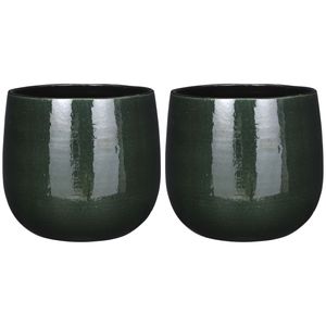 2x Stuks Plantenpot/bloempot keramiek donkergroen speels licht gevlekt patroon - D25/H20 cm