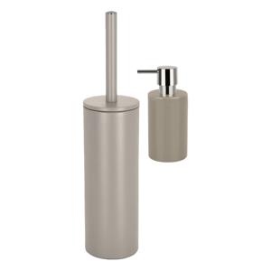 Badkamer accessoires set - WC-borstel/zeeppompje - metaal/porselein - beige