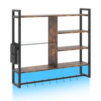 Zwevende Planken voor Games van 107 cm met Ledverlichting Afstandsbediening en App Industriële Wandplank met 6 Niveaus 8 Haken en Zijvak Zwart