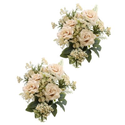 Rozen kunstbloemen boeket - 2x - ivoor/zalm kleurig - H41 cm