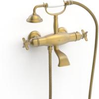 Badkraan Tres Clasic | Opbouw | Thermostaatkraan | Incl.Handdoucheset | 2-weg | hoh 15 cm | 2-knops | Vintage | Messing mat