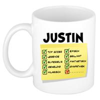 Naam mok Justin - wit - top gozer - keramiek - 300 ml - cadeau collega beker