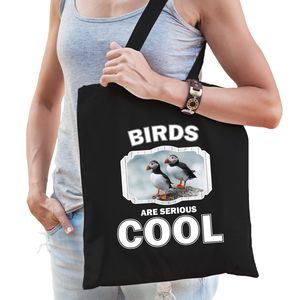 Katoenen tasje birds are serious cool zwart - vogels/ papegaaiduiker vogel cadeau tas