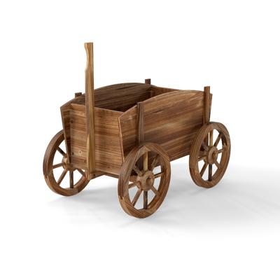 Houten Plantenbak Rustieke Bloemenwagen met Wielen en Handvat Decoratieve Bloemenstandaard