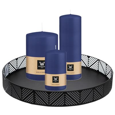 Cilinderkaarsen stompkaarsen - set van 3x - op dienblad - donkerblauw - 6 x 12 - 10x15 - 7x20 cm