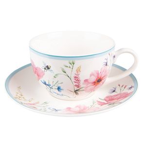 Clayre & Eef Kop en schotel 230 ml Wit Roze Porselein Bloemen Servies Wit Servies