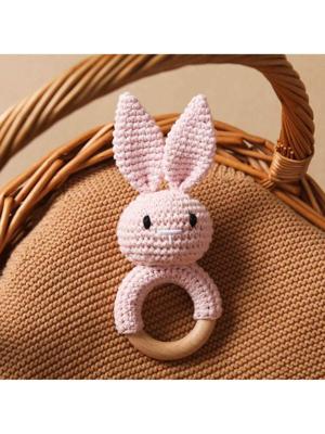 1pc Handmade Crochet Bunny Ear Wooden Teething Rings, Baby Teether Gift For Teething Period Pink / one-size