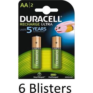 12 Stuks (6 Blisters a 2 st) Duracell AA Oplaadbare Batterijen - 2500 mAh