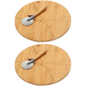 Pizza serveerplank met pizzasnijder - 2x - bamboe/hout - 32 cm - rond - snijplank/keukenhulpje
