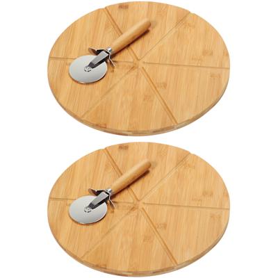 Pizza serveerplank met pizzasnijder - 2x - bamboe/hout - 32 cm - rond - snijplank/keukenhulpje