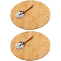 Pizza serveerplank met pizzasnijder - 2x - bamboe/hout - 32 cm - rond - snijplank/keukenhulpje