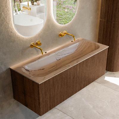Badmeubel Mondiaz Kurve-Dlux | 120 cm | Meubelkleur Walnut | Wastafelkleur Arena | Solid surface | Wasbak midden spoelbak | Zonder kraangat(en)