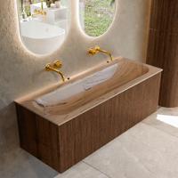 Badmeubel Mondiaz Kurve-Dlux | 120 cm | Meubelkleur Walnut | Wastafelkleur Arena | Solid surface | Wasbak midden spoelbak | Zonder kraangat(en)