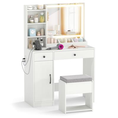 Make-up Tafel met Kruk & LED-spiegel & Stopcontacten Kaptafel-set Cosmetische Tafel Wit