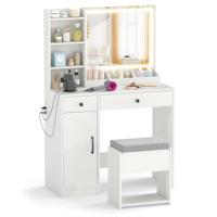 Make-up Tafel met Kruk & LED-spiegel & Stopcontacten Kaptafel-set Cosmetische Tafel Wit