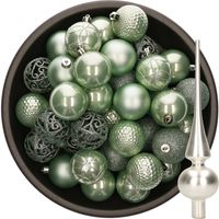 37x stuks kunststof kerstballen 6 cm mintgroen incl. glazen piek mat zilver - thumbnail