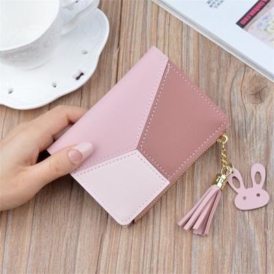 Korte lederen vrouwen rits portemonnee lambrisering portefeuilles trendy Coin Purse (roze)