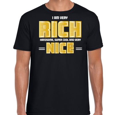 Foute party verkleed t-shirt voor heren - rijk goud - zwart - rich, handsome, nice - carnaval/themaf