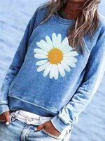 Blue Cotton-Blend Crew Neck Floral Casual T-shirt - thumbnail