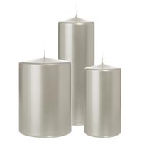 Cilinderkaarsen/stompkaarsen - set van 3 - metallic zilver - 7x13/10x15/7x20 cm