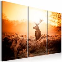 Schilderij - Hert voor Zonsondergang  , 3 luik , oranje bruin - thumbnail