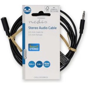 Stereo-Audiokabel | 3,5 mm Male | 3,5 mm Female | Vernikkeld | 2.00 m | Rond | Zwart | Label