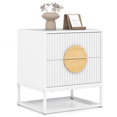 Gerillde Nachttafel Bijzettafel met 2 Lades Grenenhouten Handgrepen & Metalen Frame Moderne Mid-century Bijzettafel Wit