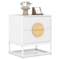 Gerillde Nachttafel Bijzettafel met 2 Lades Grenenhouten Handgrepen & Metalen Frame Moderne Mid-century Bijzettafel Wit