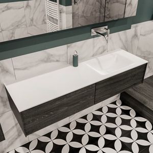 Mondiaz Lush Cloud badmeubel eiken donker bruin 150 cm 2 lades solid surface enkele spoelbak rechts zonder kraangat