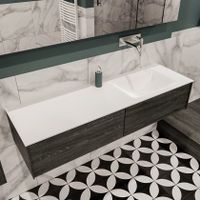 Mondiaz Lush Cloud badmeubel eiken donker bruin 150 cm 2 lades solid surface enkele spoelbak rechts zonder kraangat