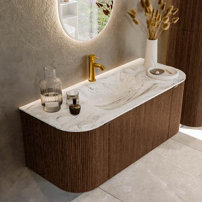 Badmeubel Mondiaz Kurve-Dlux | 110 cm | Meubelkleur Walnut | Wastafelkleur Glace | Solid surface | Midden spoelbak | 1 kraangat