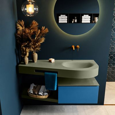 MONDIAZ RIVA 120cm badmeubel onderkast / planchet kleur Jeans met 1 lade. Wastafel DULCET rechts 0 kraangaten kleur Army.