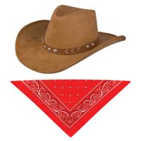 Carnaval verkleedset cowboyhoed Paco bruin - met rode hals zakdoek - voor volwassenen