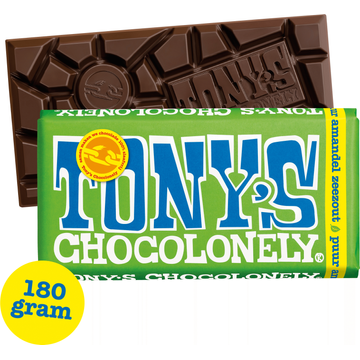 Tony&apos;s Chocolonely Amandel Zeezout Puur Chocolade reep 51% 180 g bij Jumbo