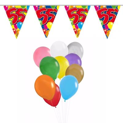 Verjaardag 55 jaar feestartikelen set - 50x ballonnen - 2x leeftijd print vlaggenlijnen