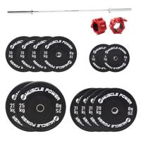 Muscle Power high black bumper halterschijf set 200KG + halterstang + collar set Muscle Power high black bumper halterschijf set 200KG + halterstang + collar set