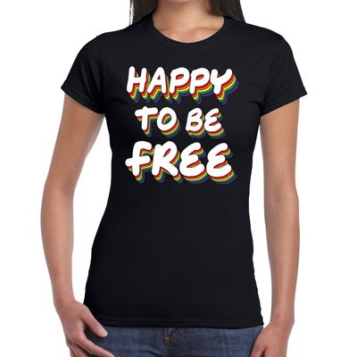 Happy to be free gay pride t-shirt zwart voor dames Happy to be free gay pride t-shirt zwart voor dames