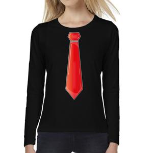 Verkleed shirt voor dames - stropdas rood - zwart - carnaval - foute party - longsleeve